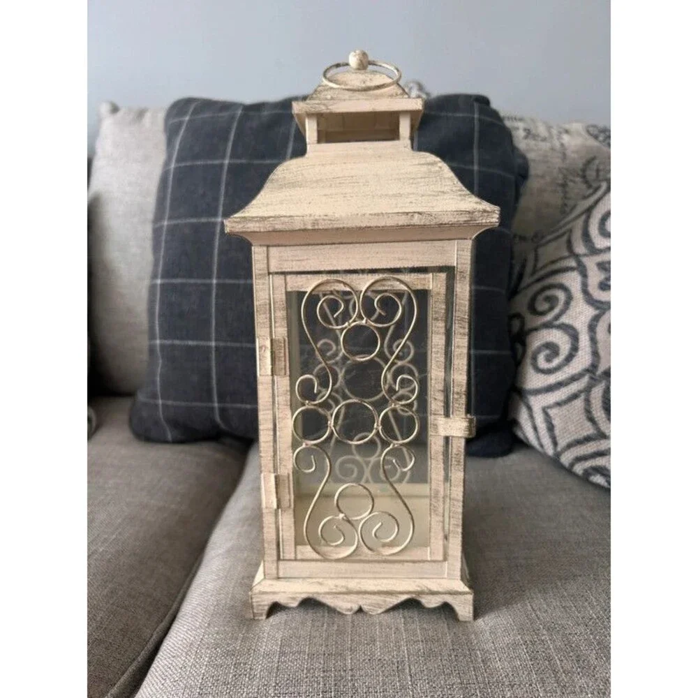 Vintage Style Distressed Metal Glass Candle Lantern White Cream Decorative